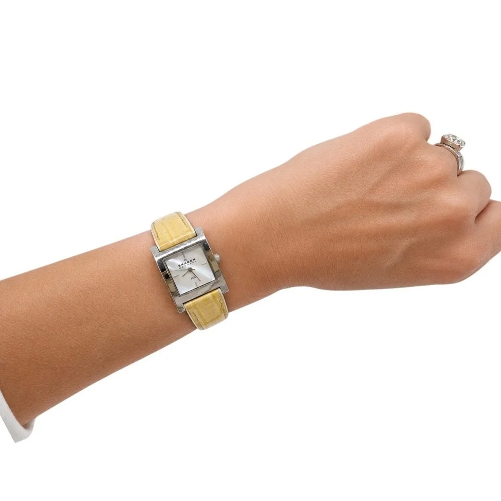 Skagen Denmark Tank Watch Womens Silver Mother of Pearl Yellow Croc Leather